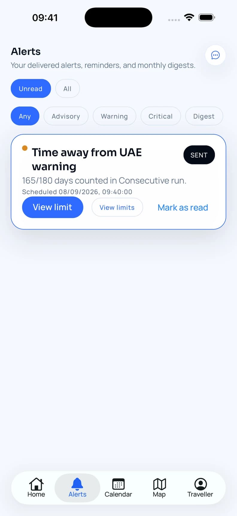 Roam Rule displaying a warning for a personal time-away limit.