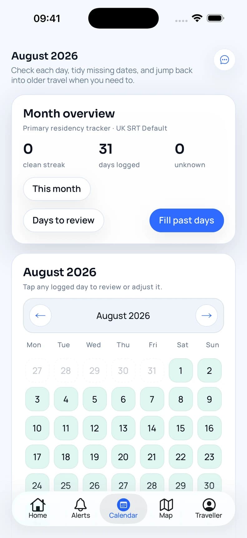 Roam Rule Calendar with a complete August travel record.