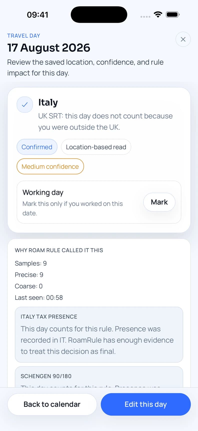 Roam Rule explaining how a recorded day in Italy counts towards different trackers.