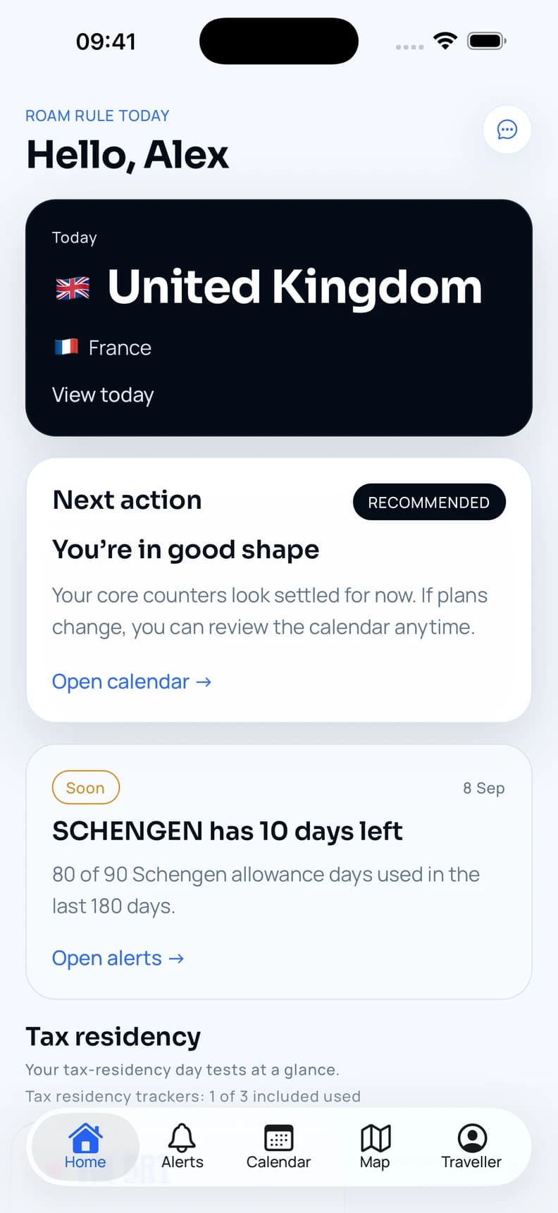 Current Roam Rule Home screen with the Today card showing the United Kingdom with France visited earlier today.
