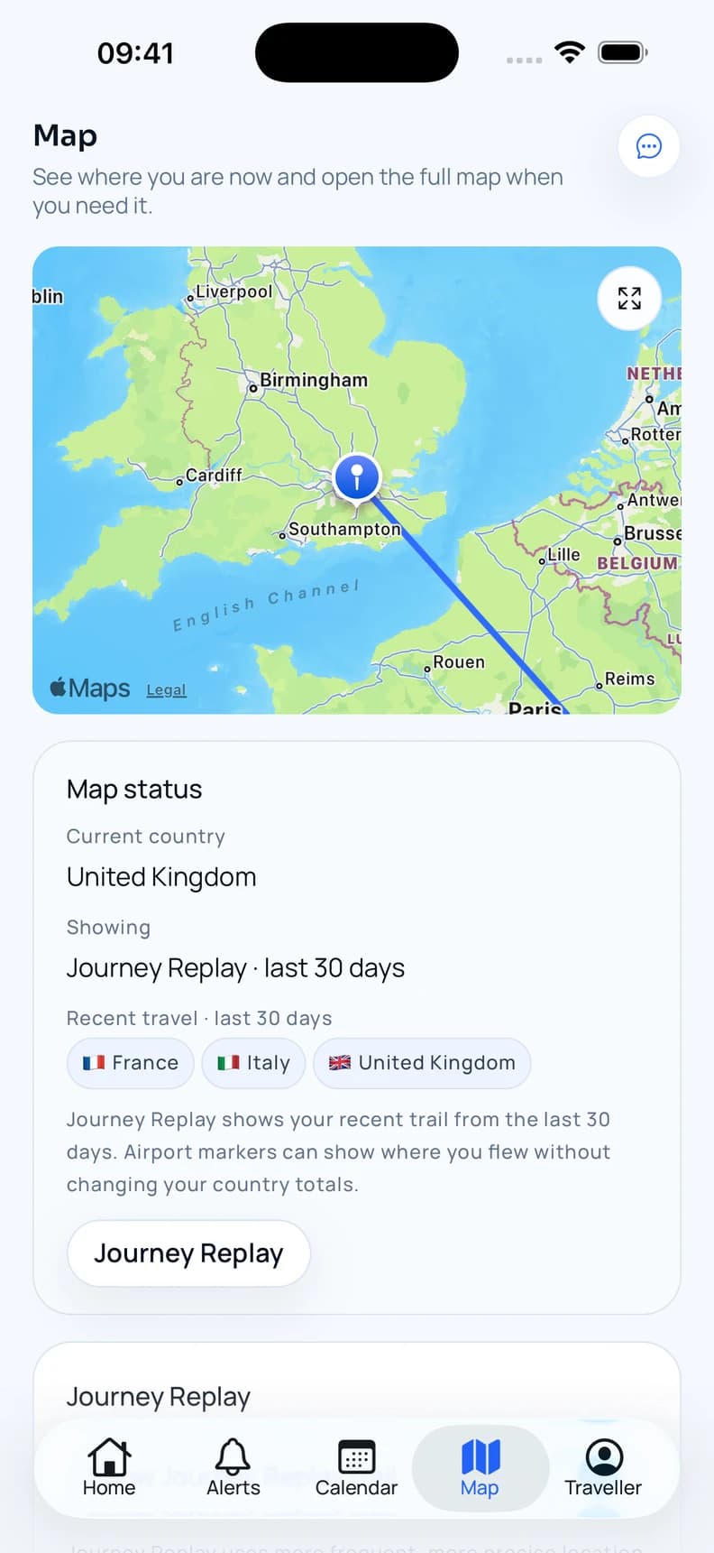 Roam Rule Journey Replay showing the recent travel trail.