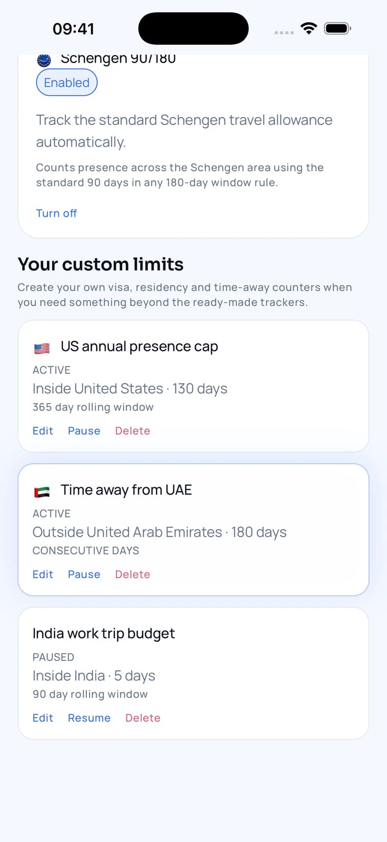Roam Rule showing a custom limit of 180 consecutive days outside the UAE.