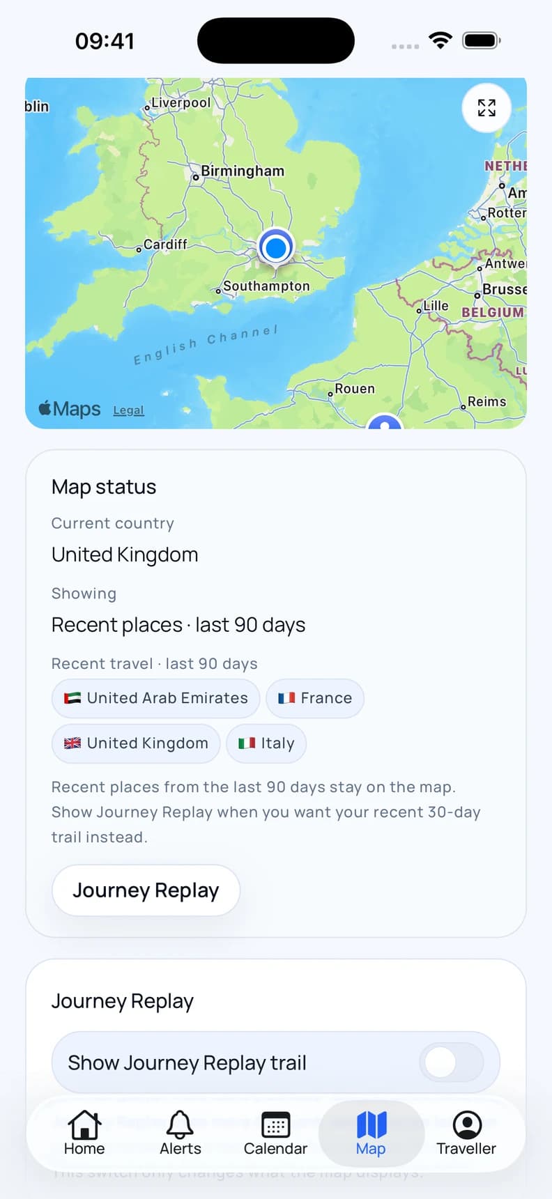 Roam Rule showing recent places in the United Arab Emirates, France, Italy and the United Kingdom.
