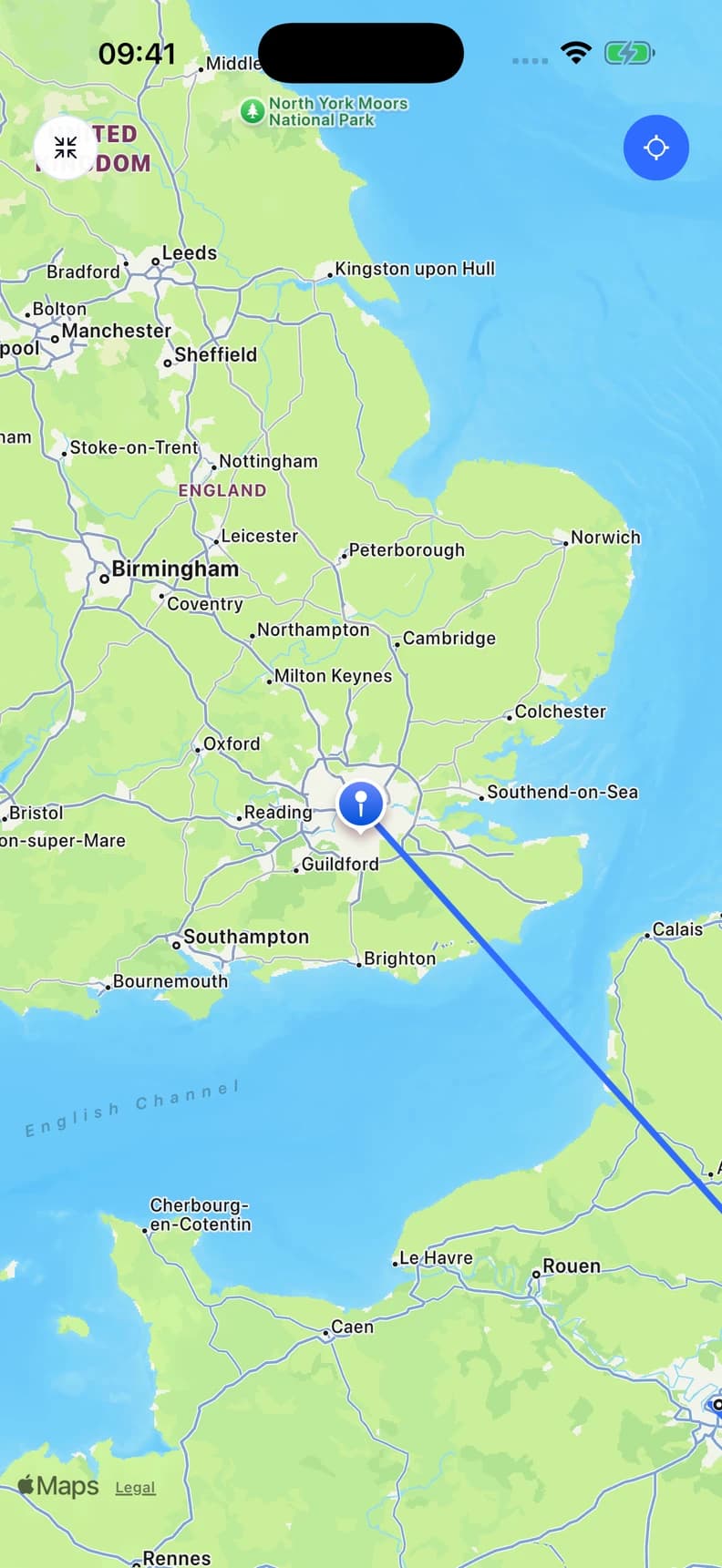The full-screen Roam Rule map showing a recent route between the United Kingdom and France.